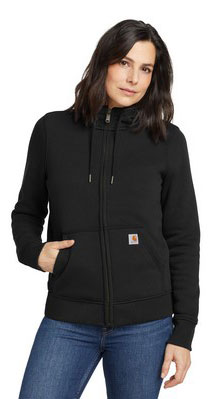 woman wearing a branded hoodie