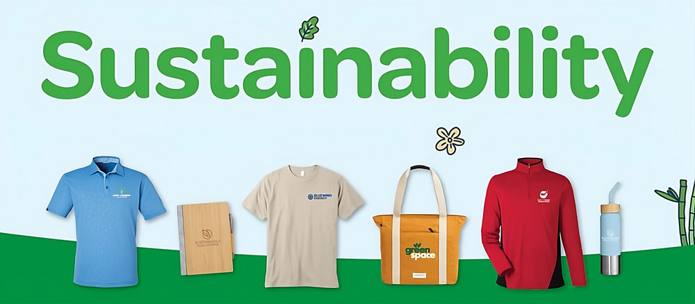 sustainability graphic showing sustainable custom promotional products