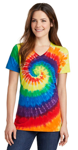 woman wearing a retro tie-dyed shirt