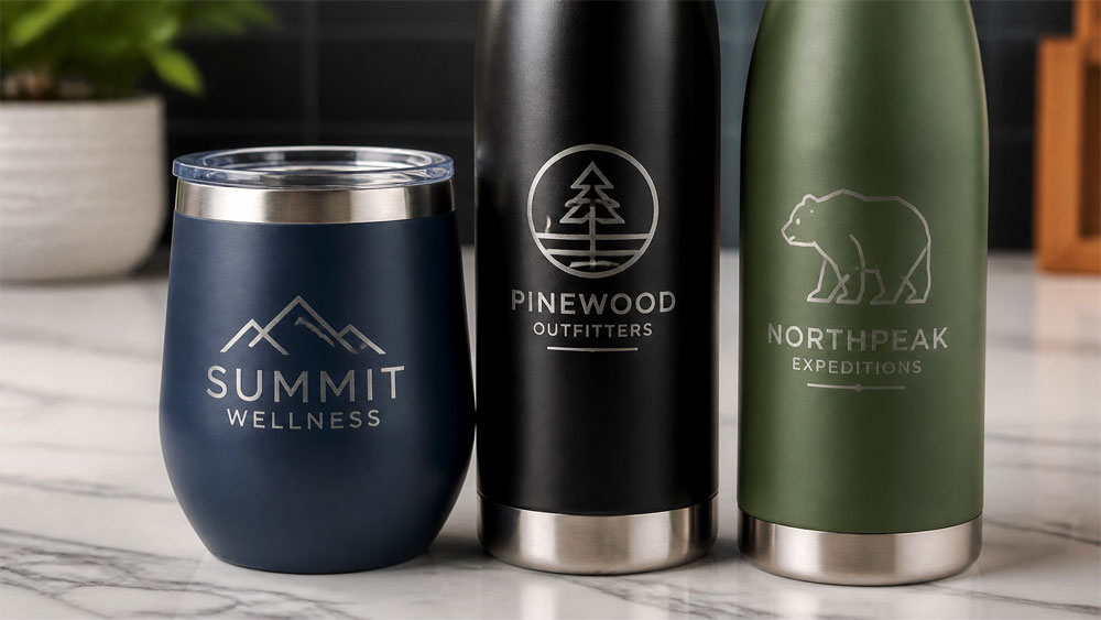 custom branded drinkware on a desk
