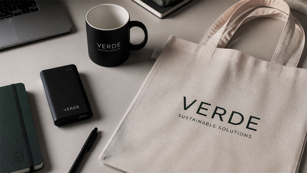 custom branded tote, coffee mug and other items on a desk